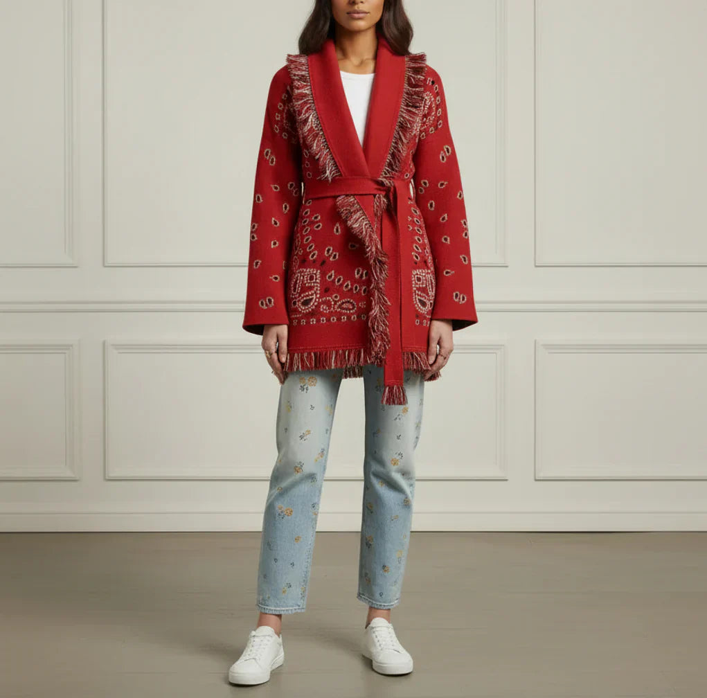 Red Print Bandana Wool Cardigan