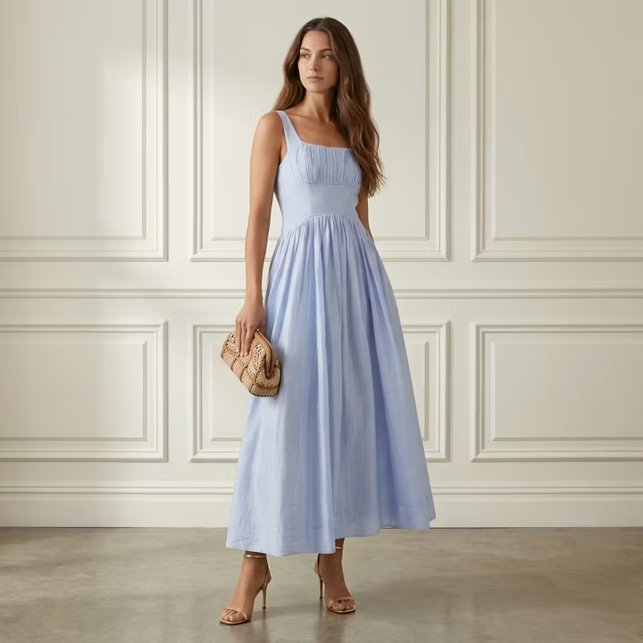 Blue Pleated Midi