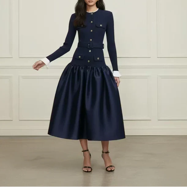 Navy Taffeta Midi