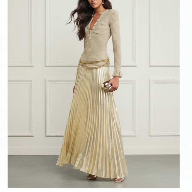 Gold Pleated Midi