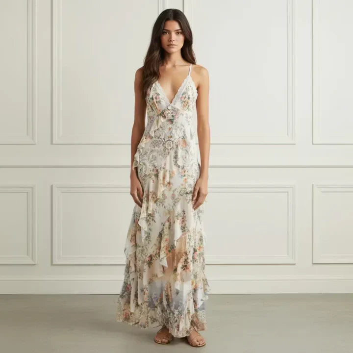 Silk Floral Ruffle Dress