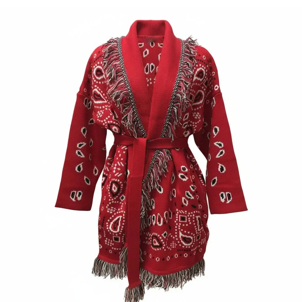 Red Print Bandana Wool Cardigan