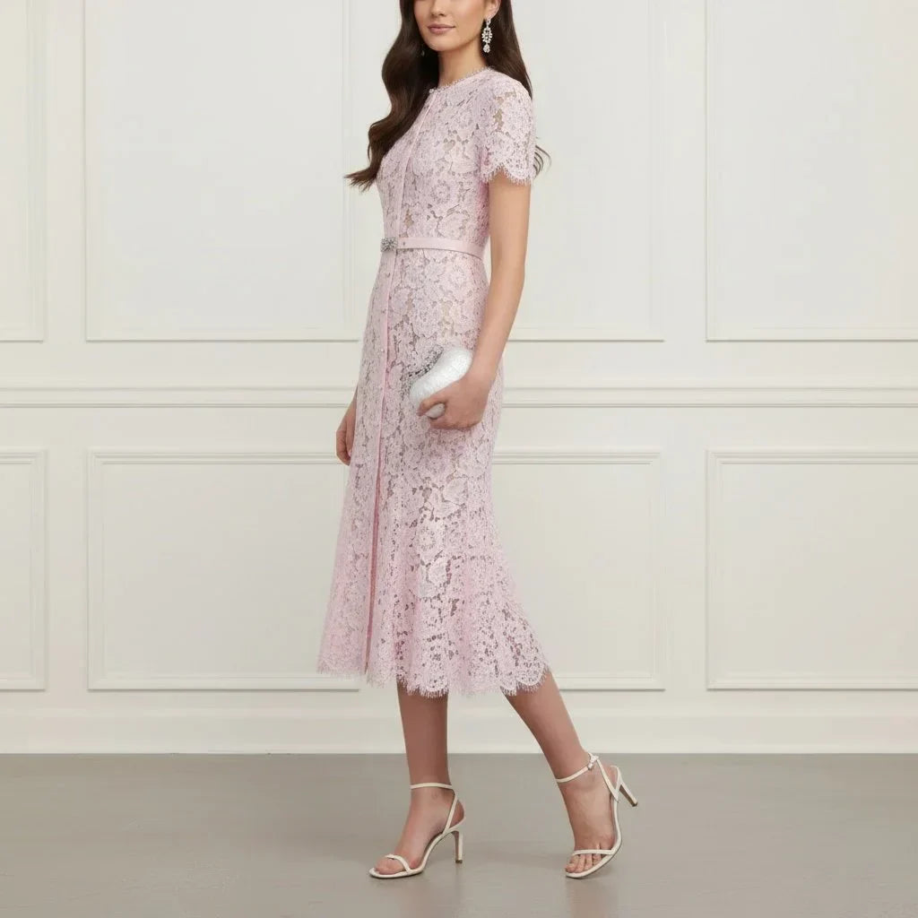 Pink Lace Belted Midi