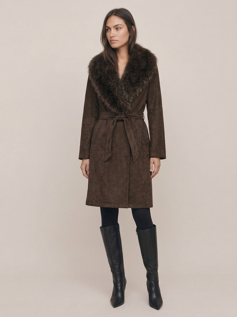 Fur Collar Tie Coat