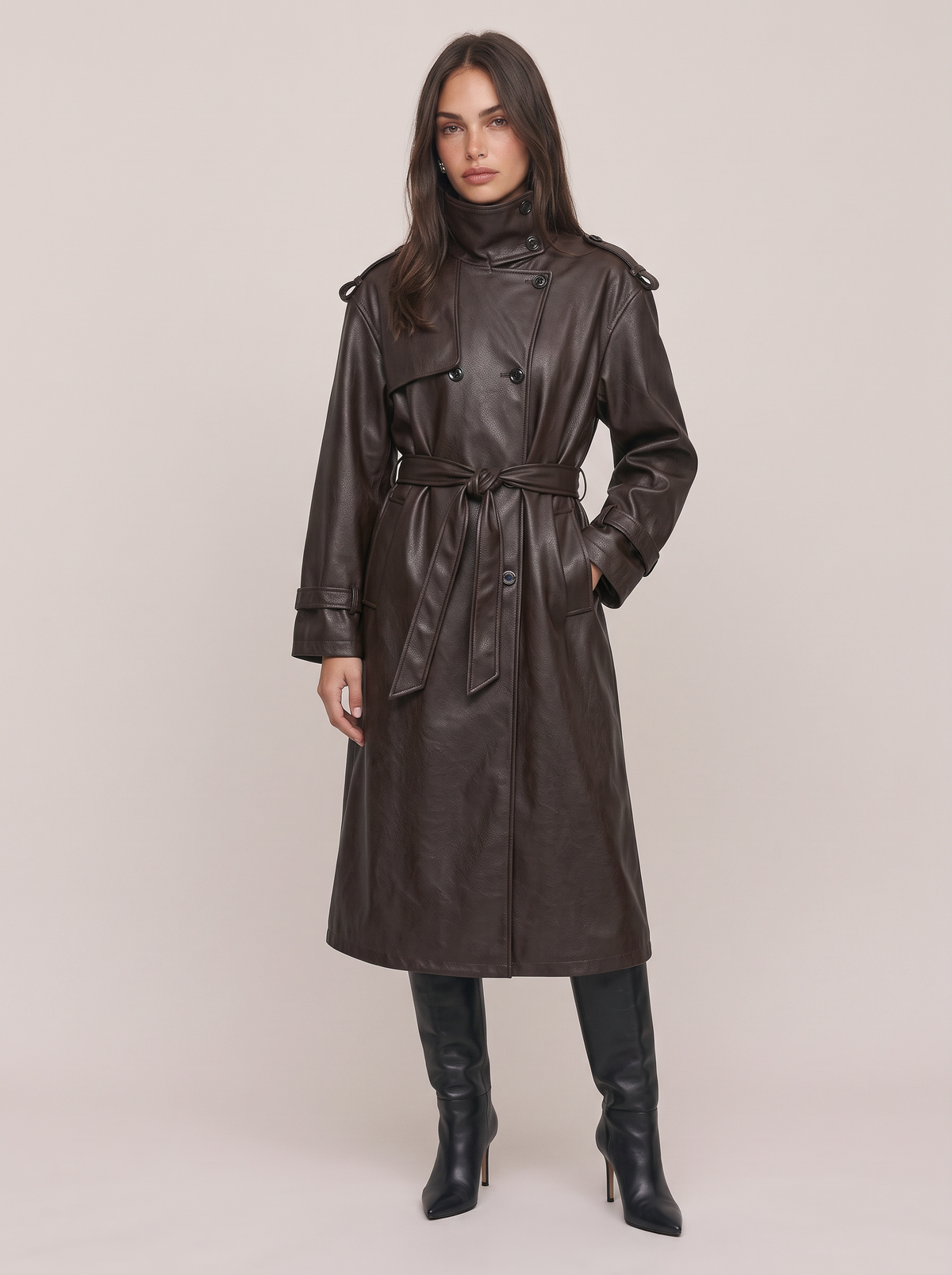 Leather Effect Long Trench