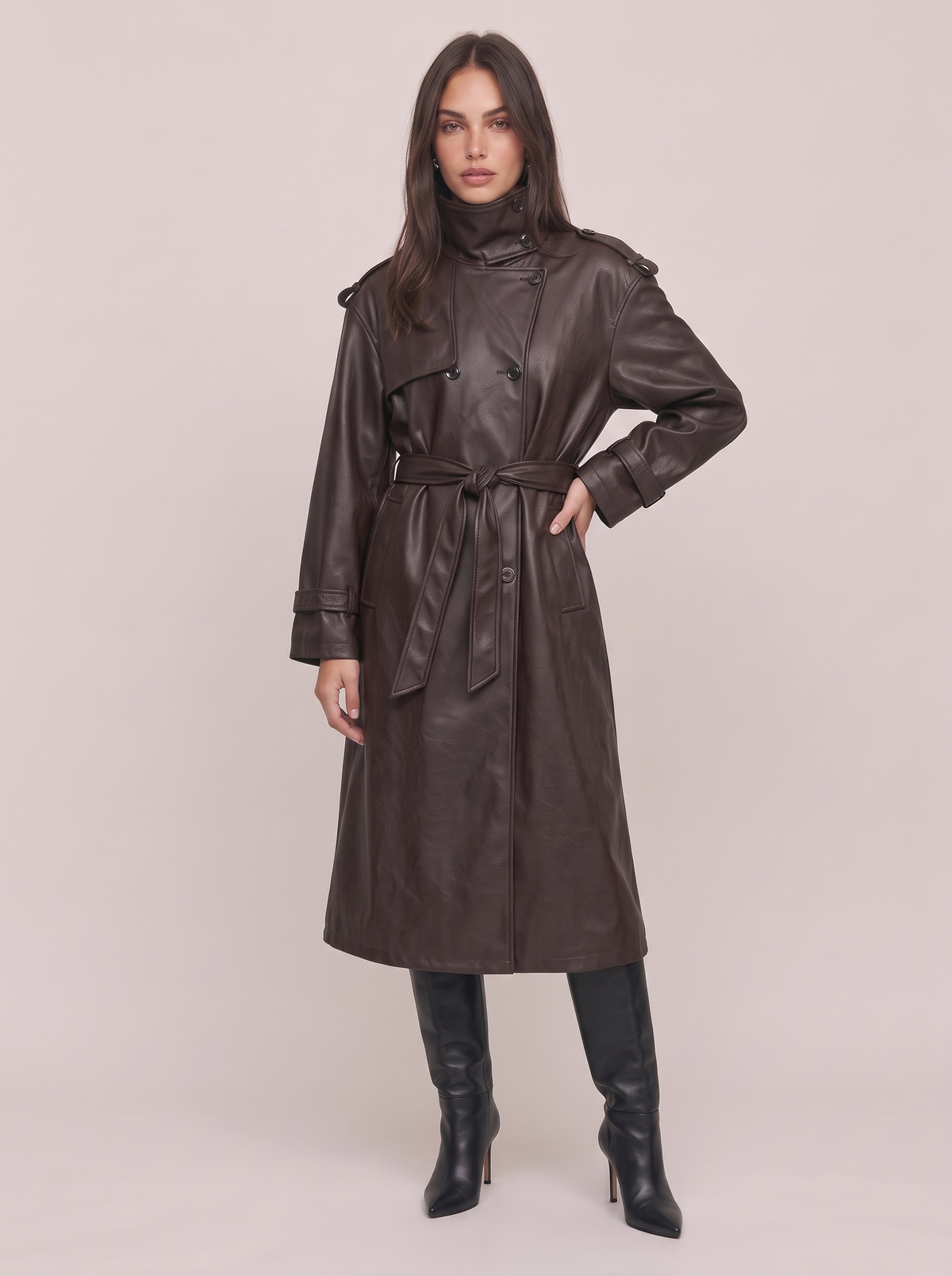 Leather Effect Long Trench
