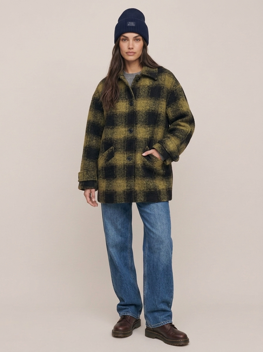 Check Wool Blend Coat