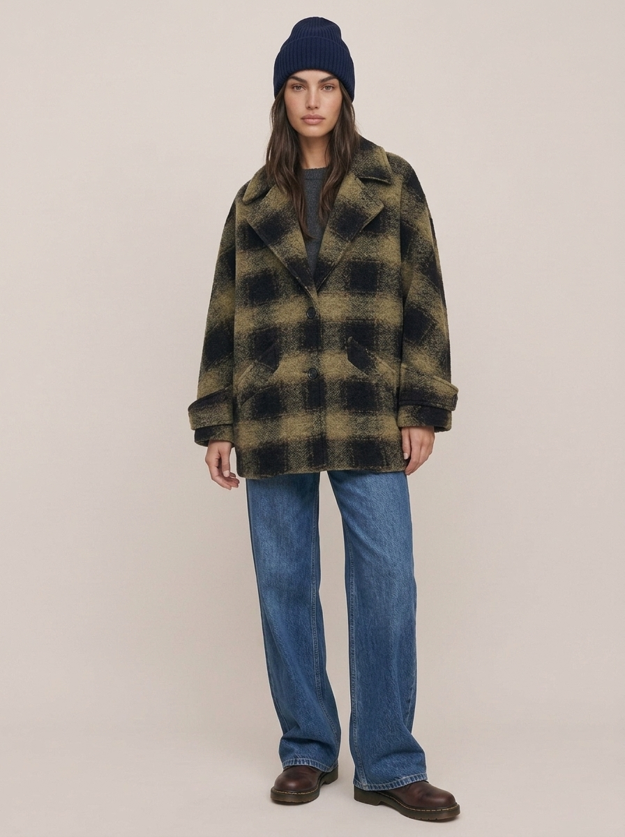 Check Wool Blend Coat